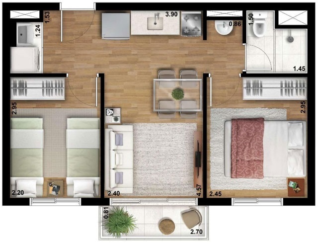 Planta 03 - 2 dorm 39m²