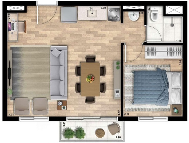 Planta 04 - 1 dorm 39m² - opção