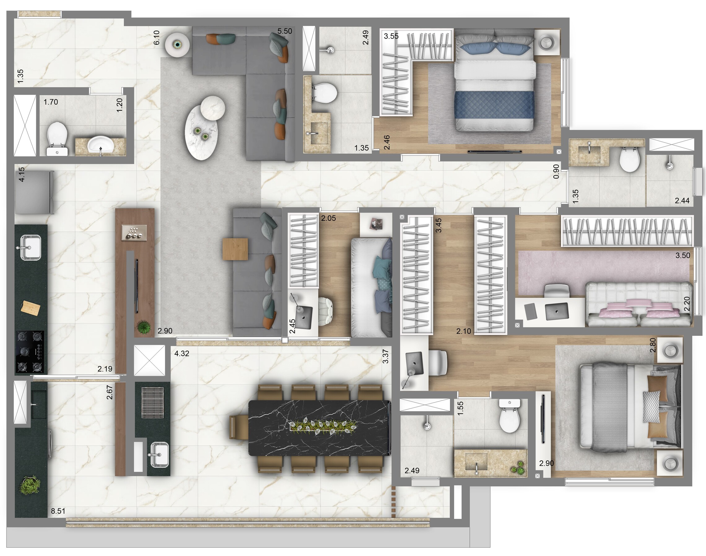 Planta 03 - 3 dorm 122m² - opção