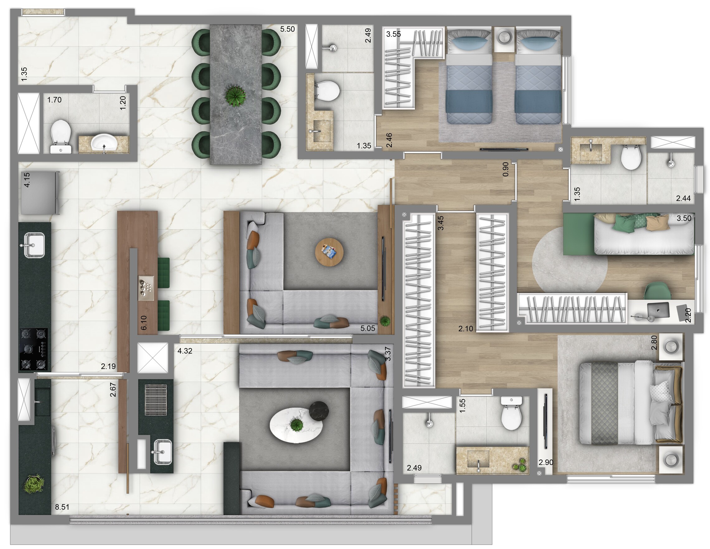 Planta 04 - 3 dorm 122m²
