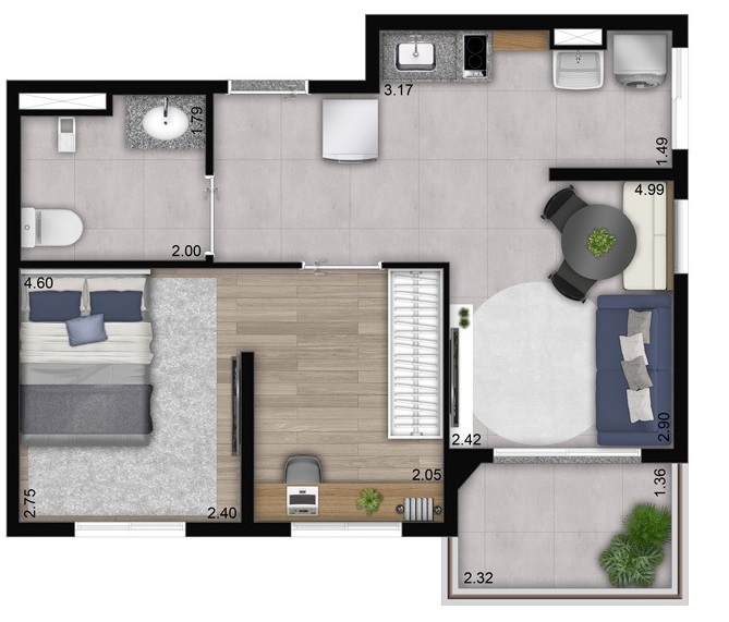 Planta 02 - 1 dorm 40m²