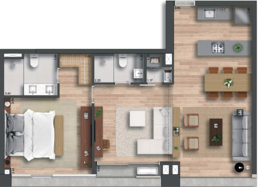 Planta 01 - 1 dorm 73m²