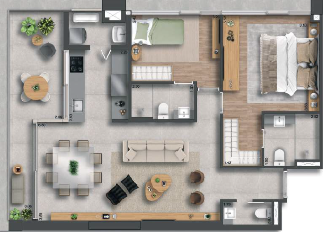 Planta 05 -  2 dorm 90m²