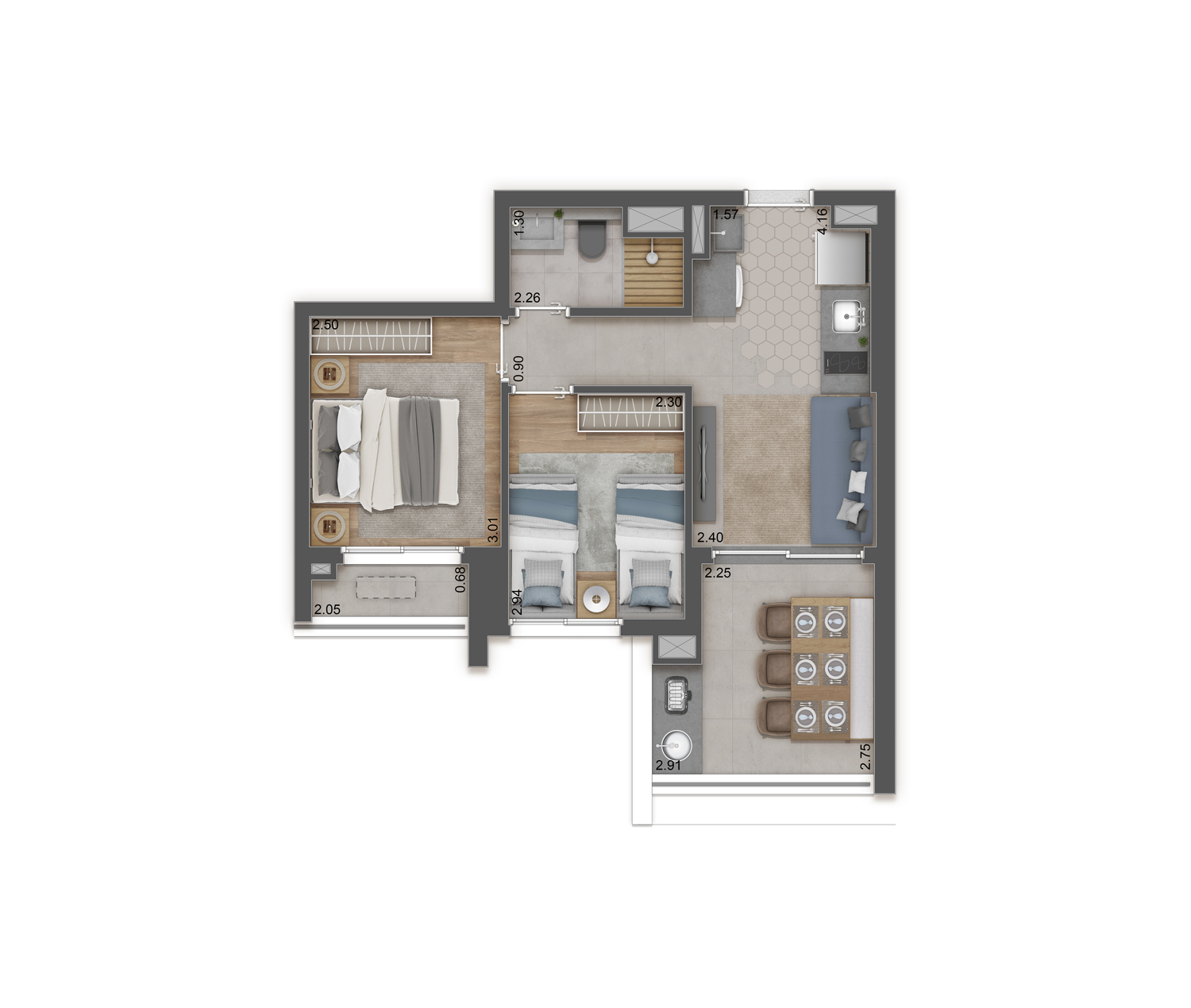 Planta 02 - 2 dorm 68m²