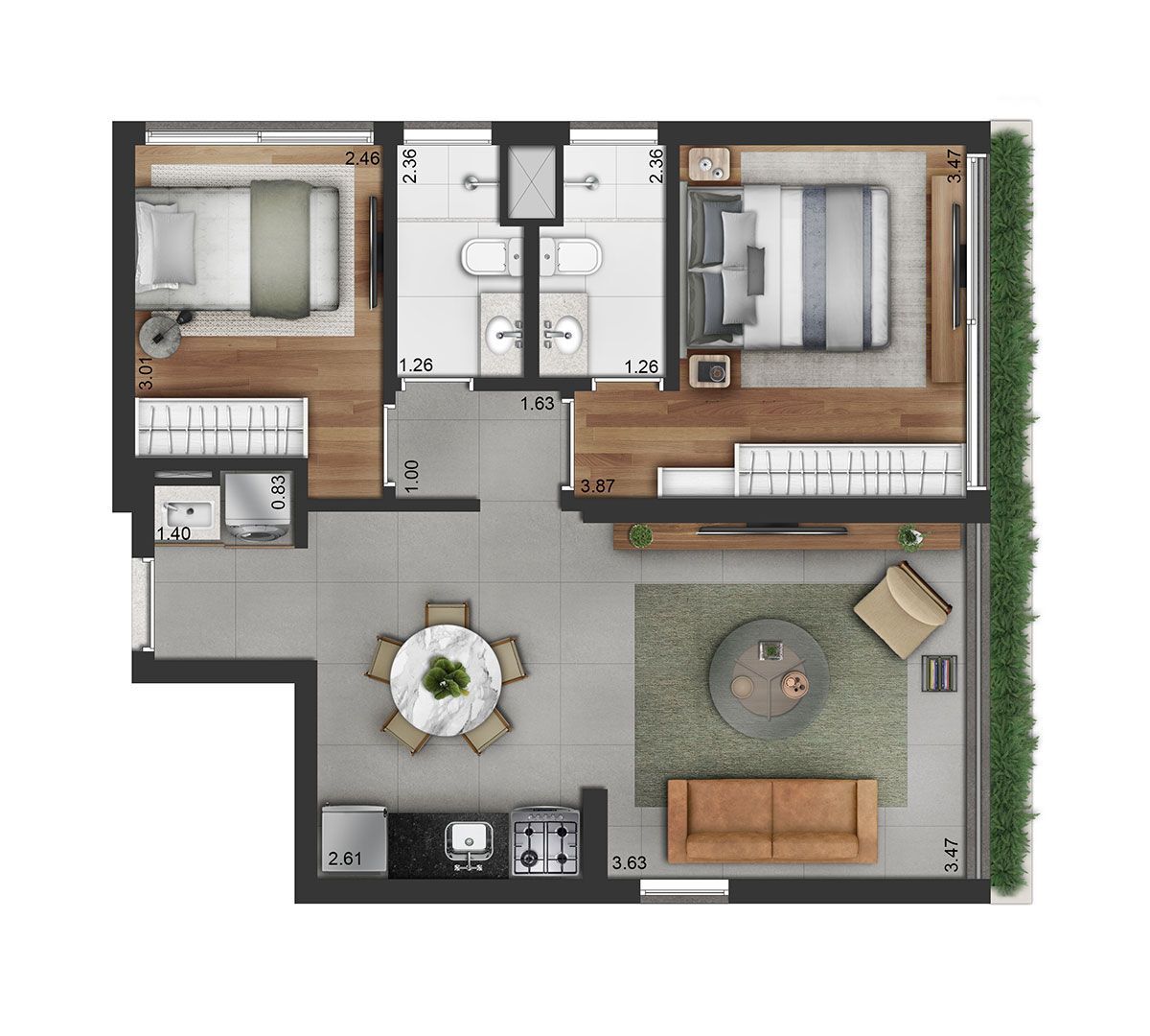 Planta 01 - 2 dorm 63m²