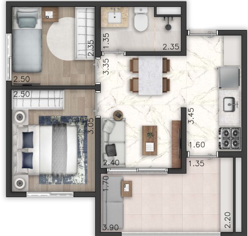 Planta 16 - 2 dorm 44 25m²