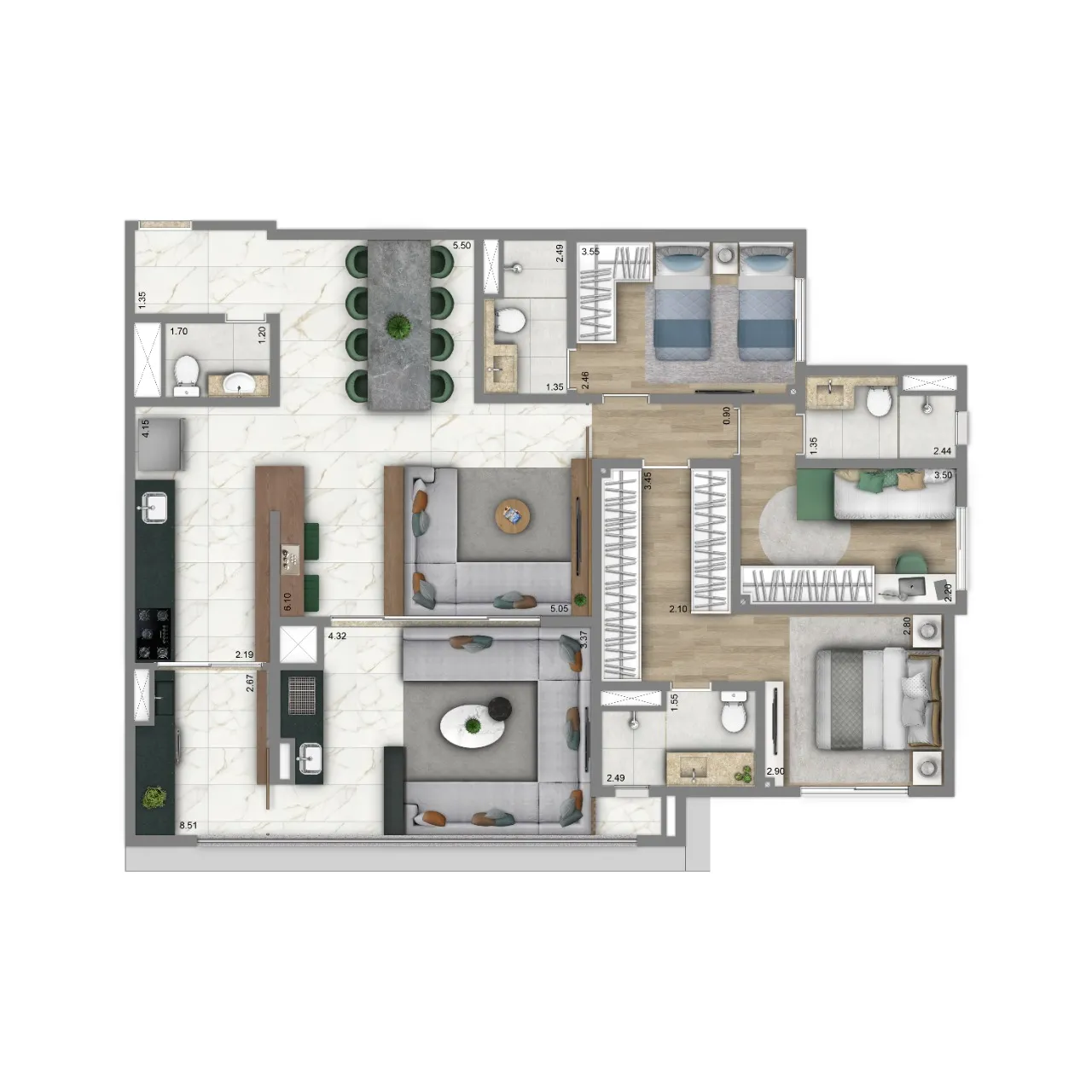 Planta 05 - 3 dorm 122m²
