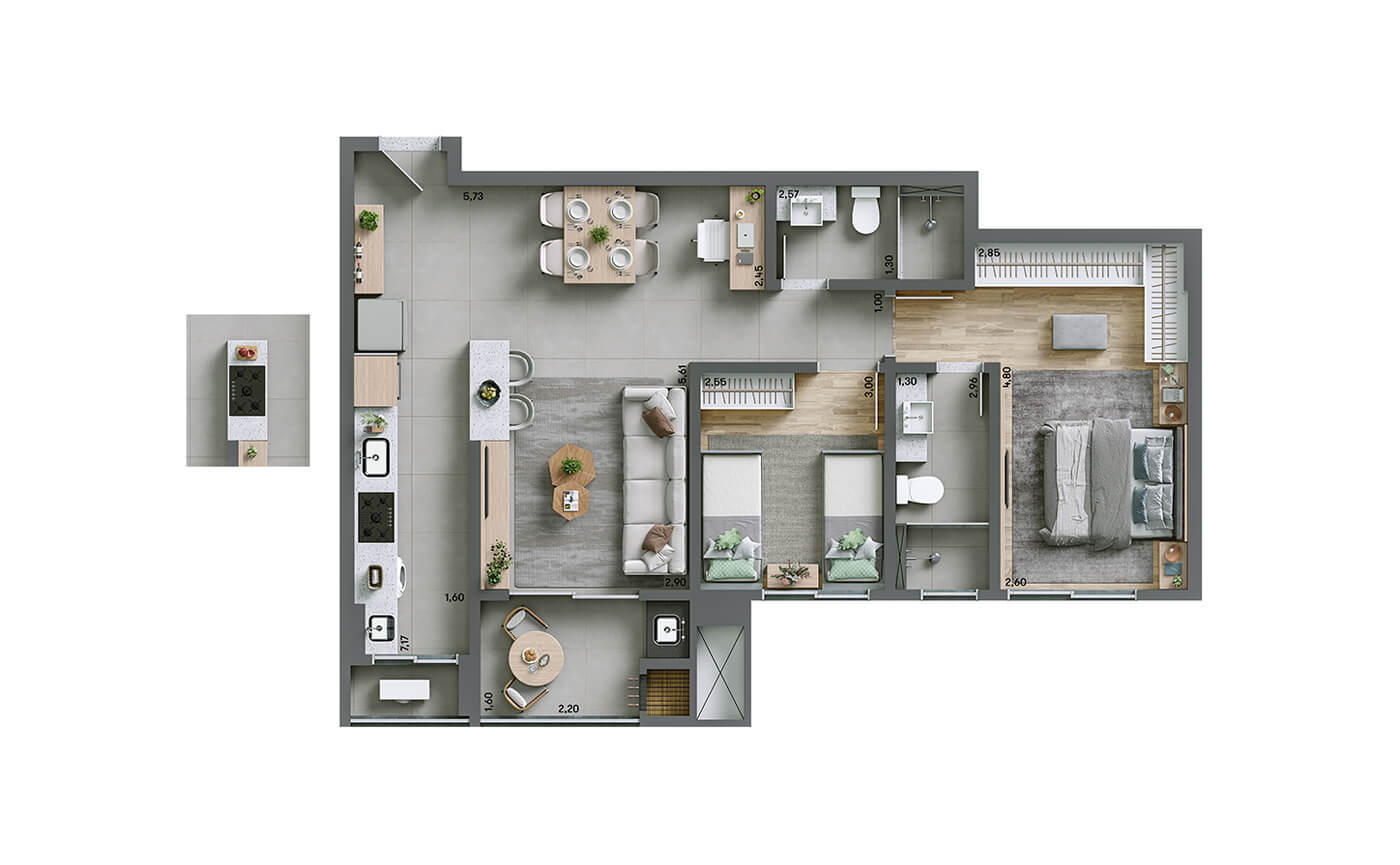 Planta 02 - 2 dorm 78m²