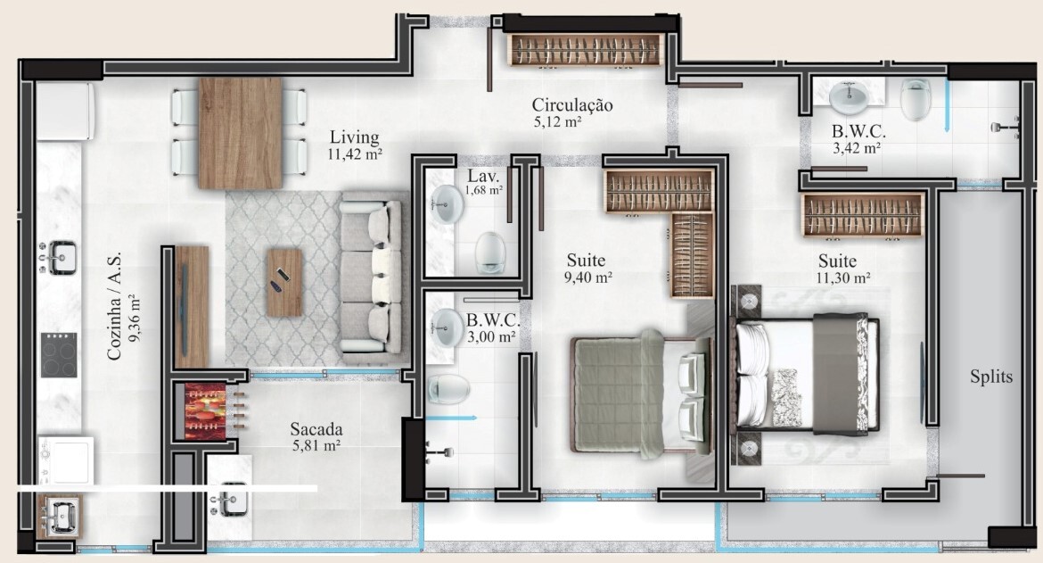 Planta 01 - 2 dorm 68 78m²