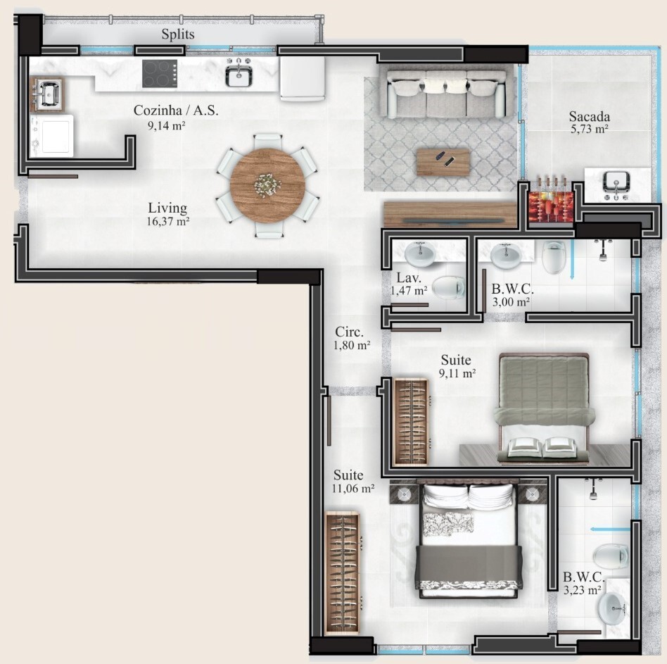Planta 02 - 2 dorm 69 95m²