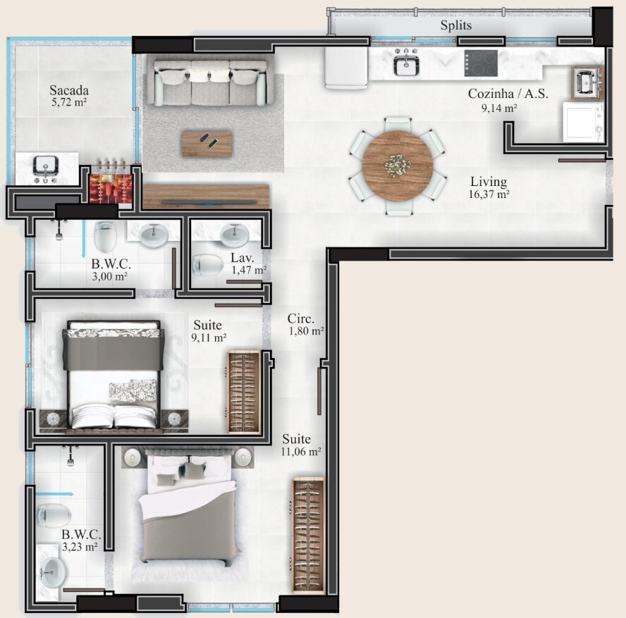 Planta 03 - 2 dorm 69 95m²