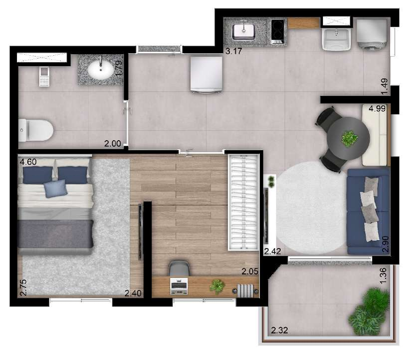 Planta 02 - 1 dorm 40m²