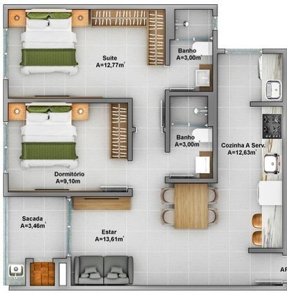 Planta 01 - 2 dorm 66 93m²