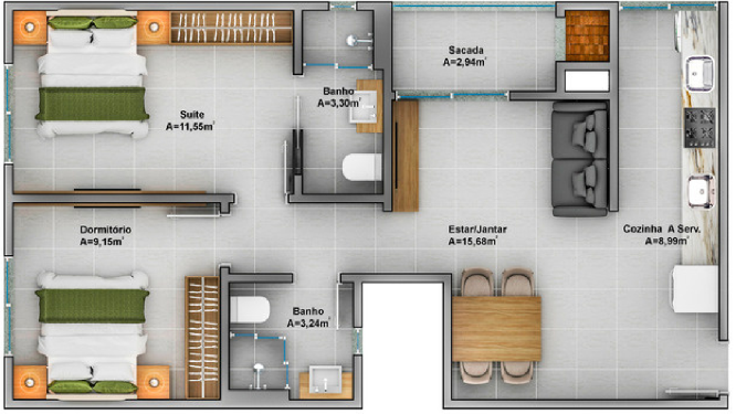 Planta 03 - 2 dorm 63 02m²