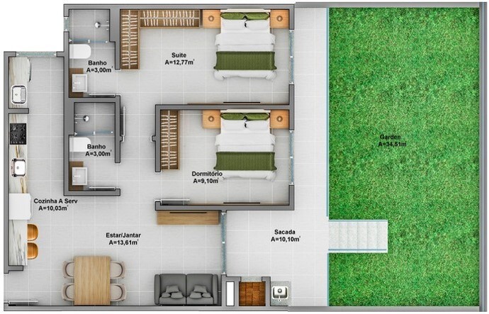 Planta 05 - 2 dorm 72 02m² - garden