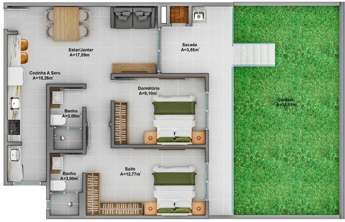Planta 06 - 2 dorm 71 64m² - garden