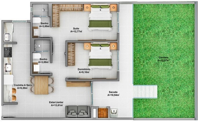 Planta 07 - 2 dorm 70 29m² - garden