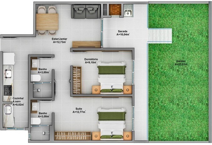 Planta 08 - 2 dorm 68 56m² - garden