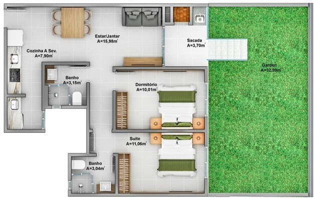 Planta 09 - 2 dorm 63 29m² - garden