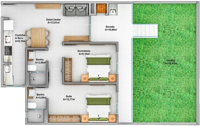 Planta 10 - 2 dorm 69 34m² - garden