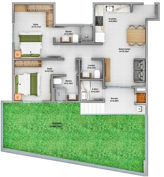 Planta 12 - 2 dorm 66 35m² - garden
