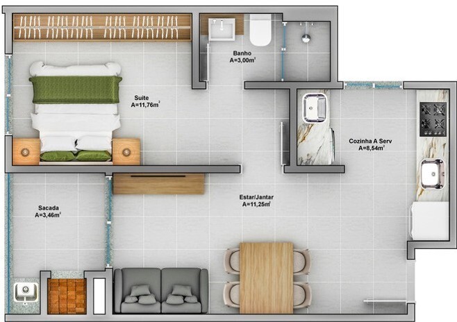 Planta 14 - 1 dorm 43 68m²