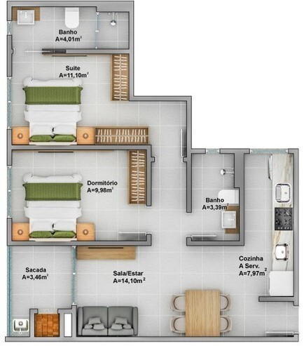 Planta 15 - 2 dorm 61 63m²