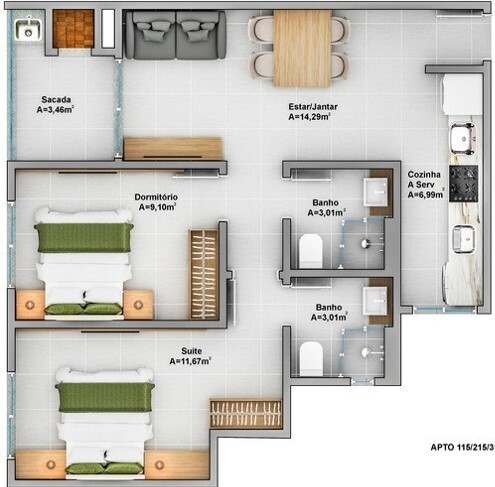 Planta 16 - 2 dorm 60m²