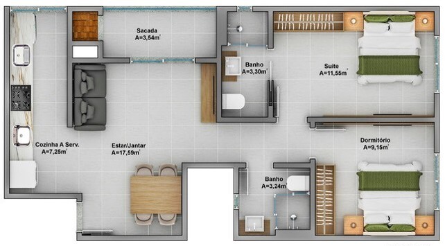 Planta 17 - 2 dorm 63 94m²