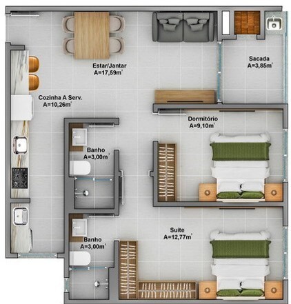 Planta 18 - 2 dorm 63 70m²