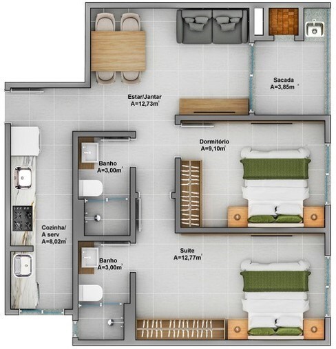 Planta 20 - 2 dorm 60 86m²