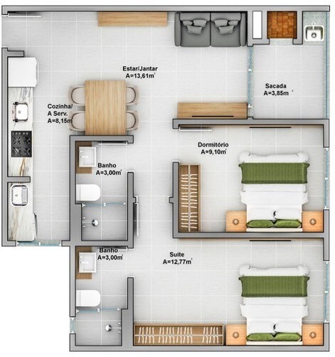 Planta 21 - 2 dorm 61 58m²