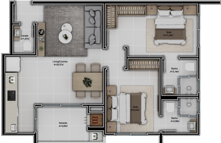 Planta 01 - 2 dorm 68 09m²