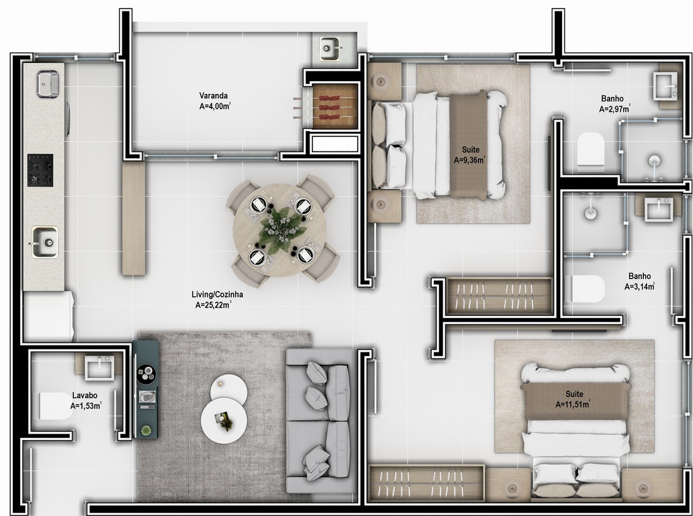 Planta 03 - 2 dorm 67 40m²