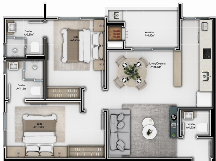 Planta 04 - 2 dorm 66 96m²