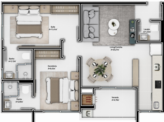 Planta 09 - 2 dorm 68 09m²