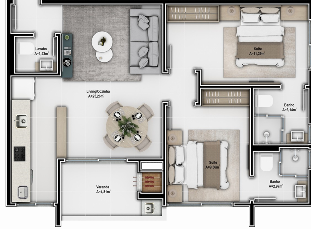 Planta 10 - 2 dorm 68 09m²