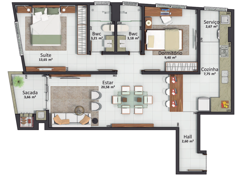 Planta 01 - 2 dorm 65 75m²