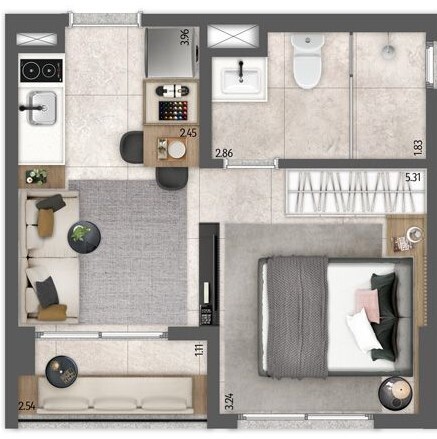 Planta 01 - 1 dorm 27 66m² - studio