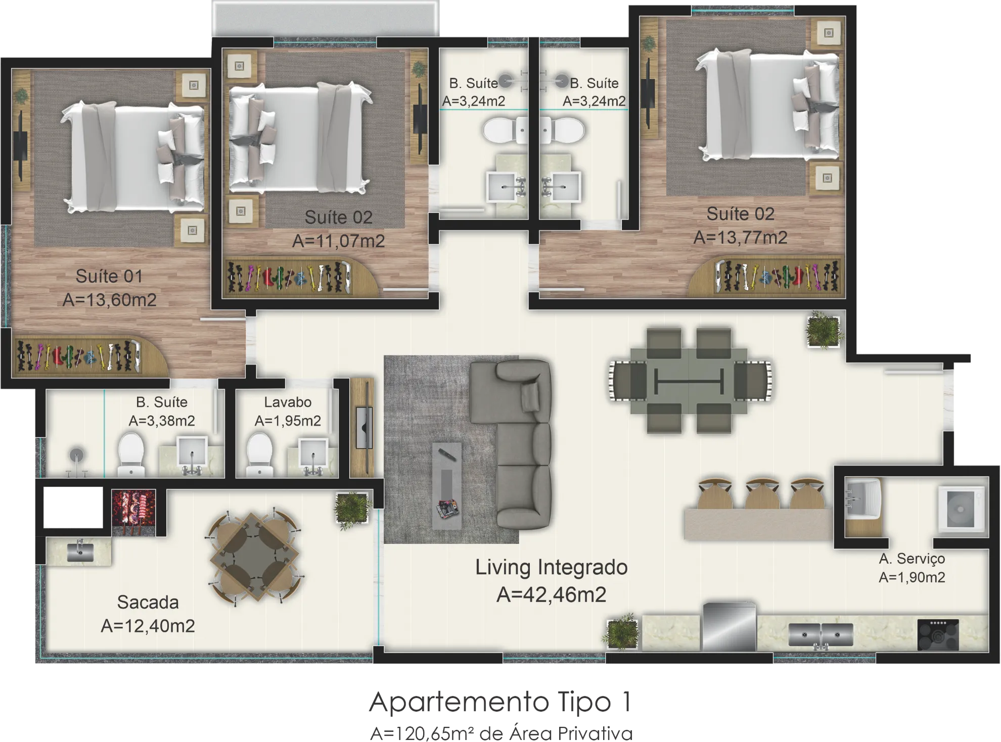 Planta 01 - 3 dorm 120 65m²