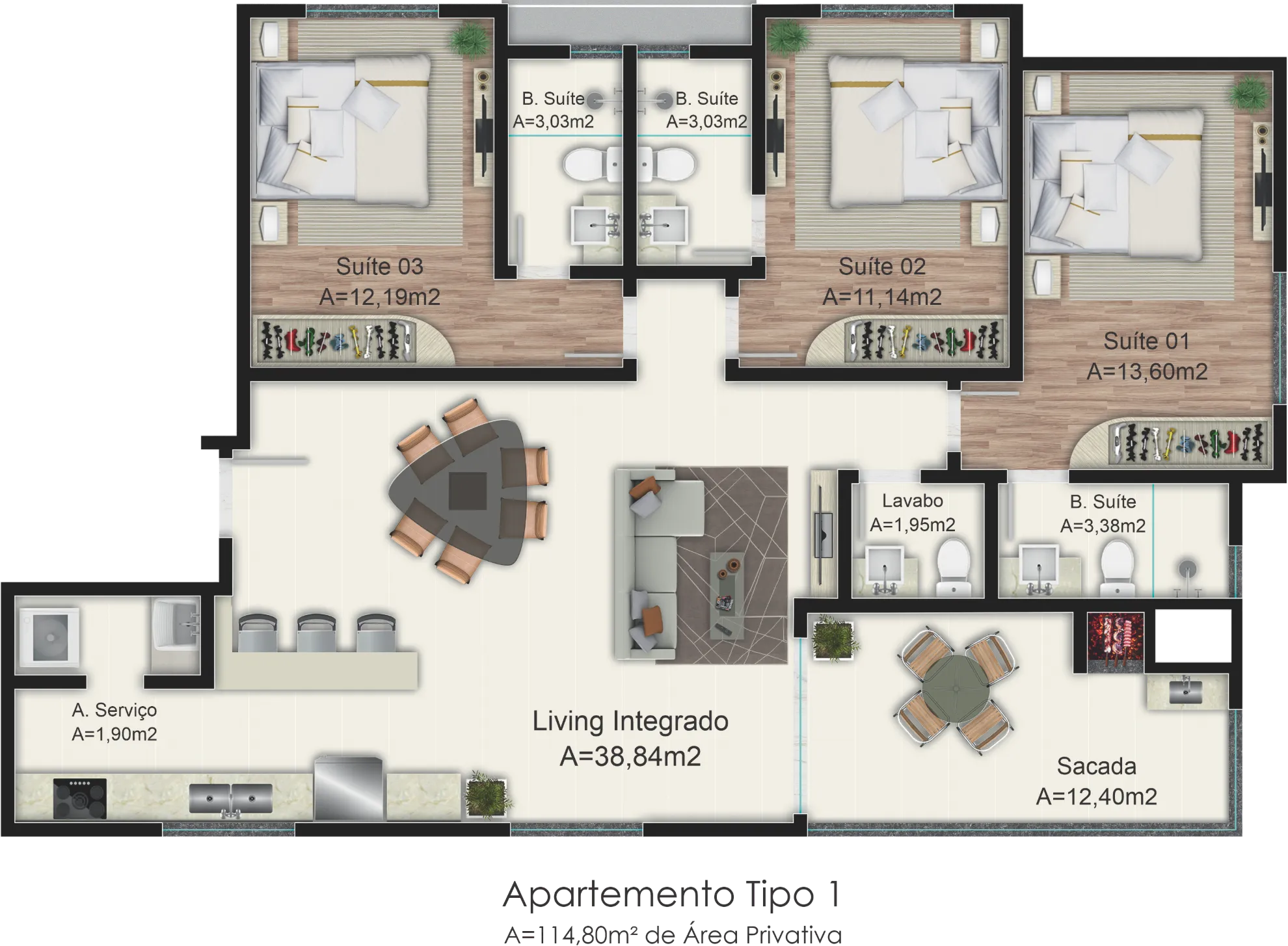 Planta 02 - 3 dorm 114 80m²
