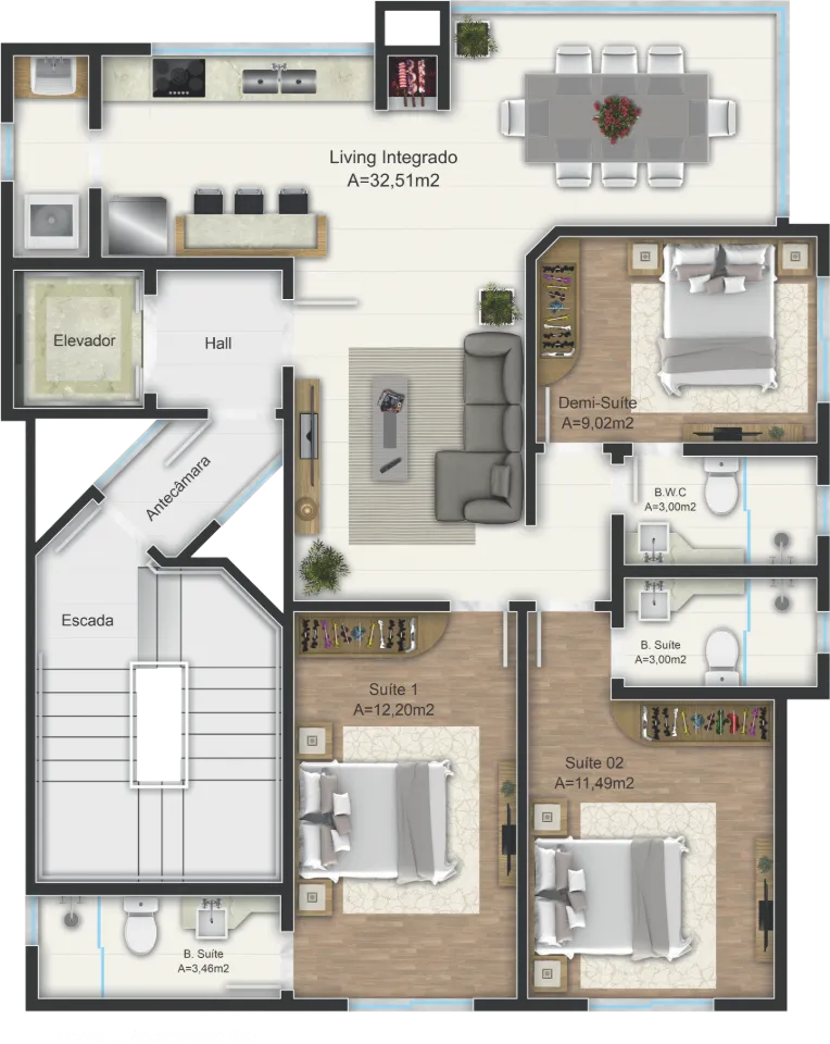 Planta 01 - 3 dorm 125m²