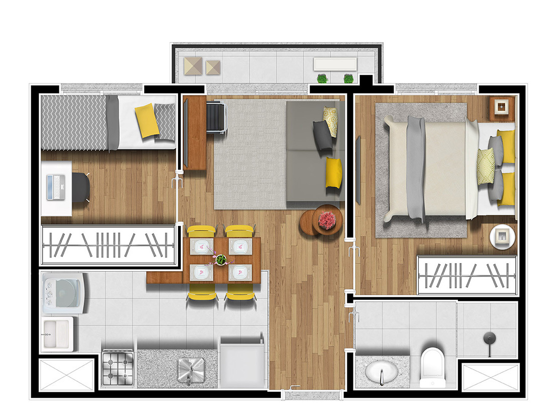 Planta 01 - 2 dorm 36 50m²