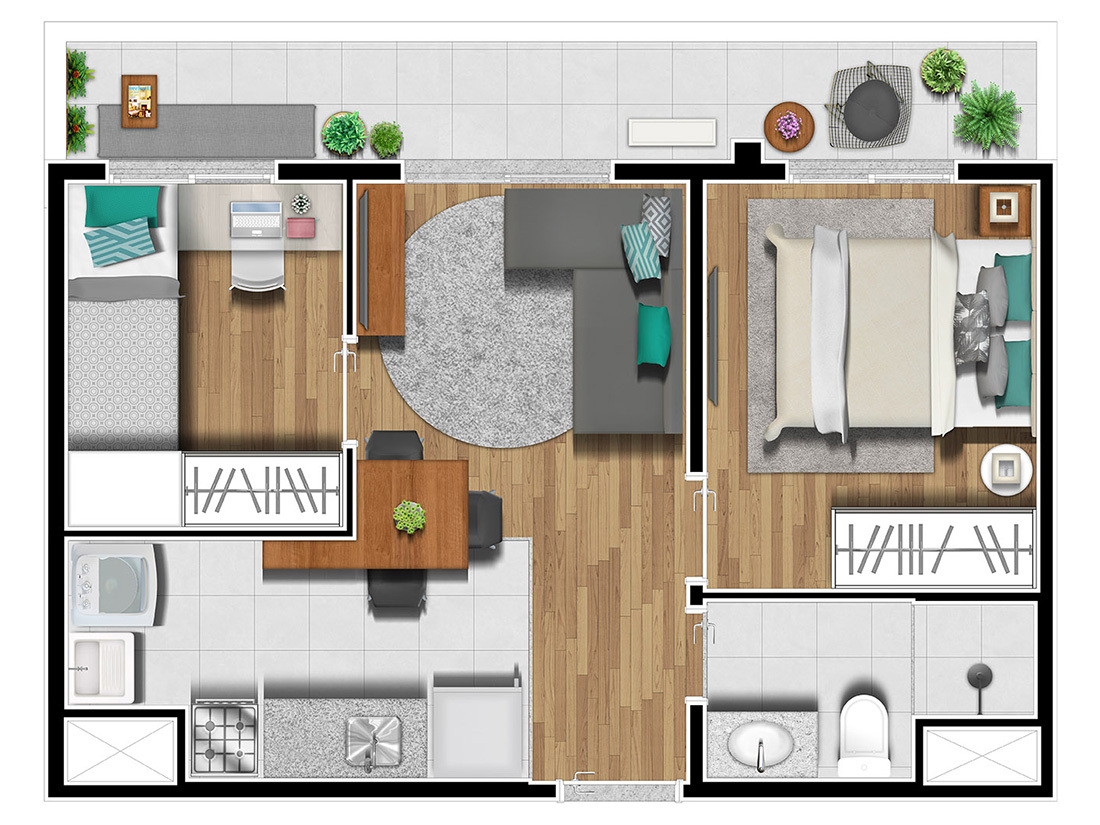 Planta 02 - 2 dorm 36 50m² - garden