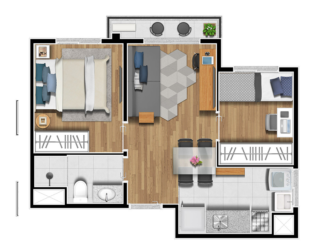 Planta 03 - 2 dorm 36 50m²