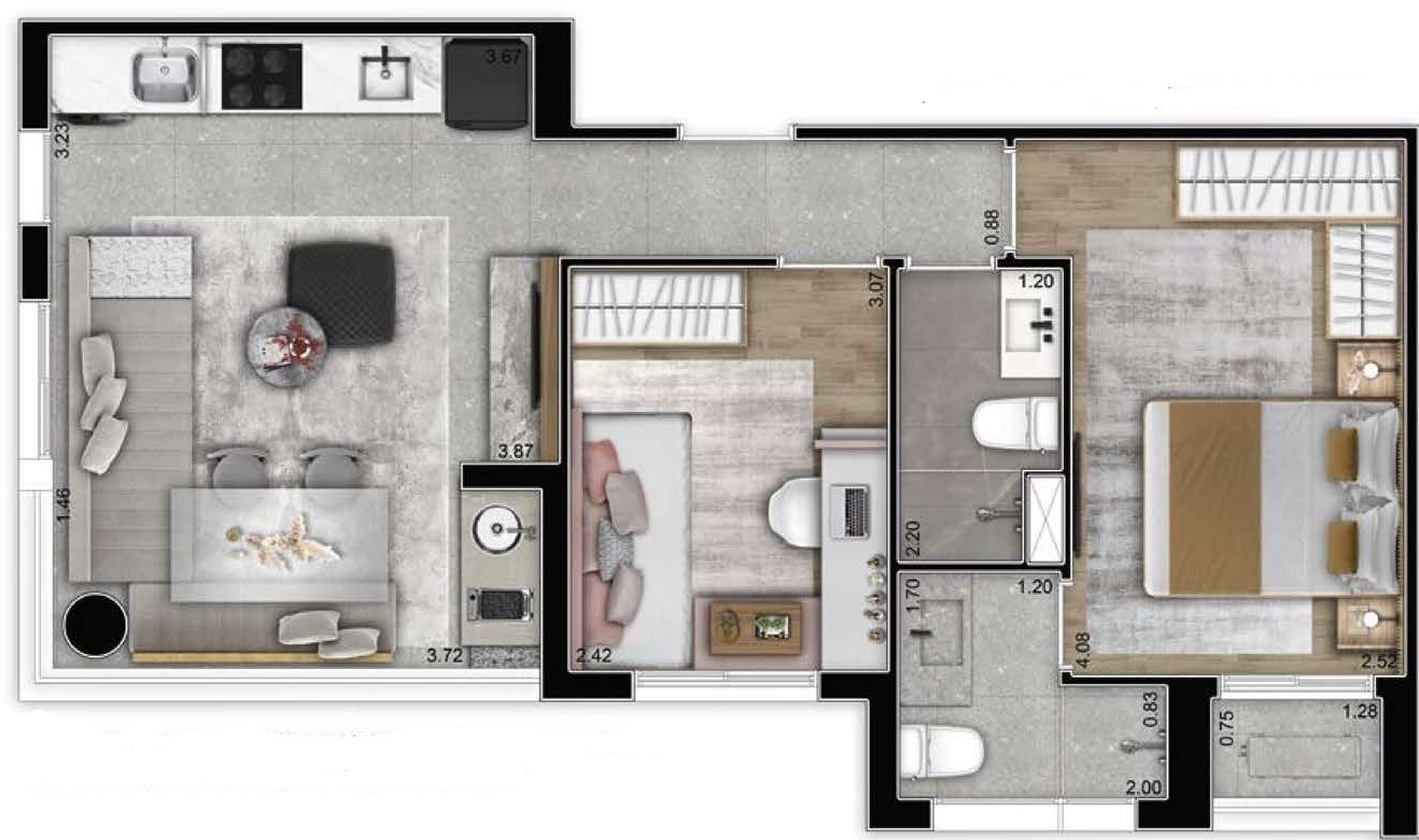 Planta 03 - 2 dorm 52m²