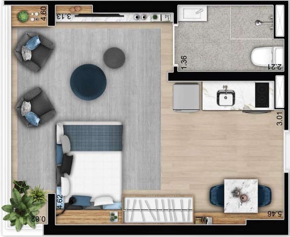 Planta 05 - 1 dorm 33m² - studio