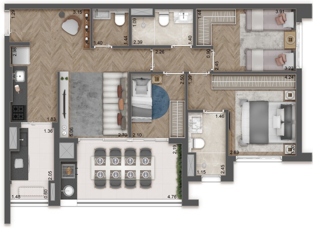 Planta 02 - 3 dorm 82 60m²