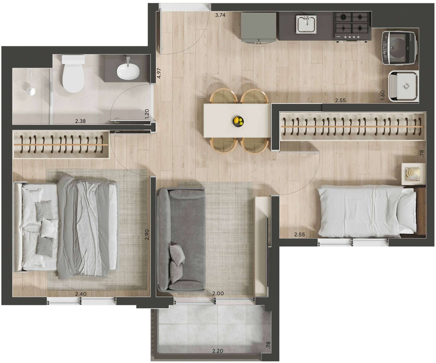 Planta 01 - 2 dorm 36 50m²