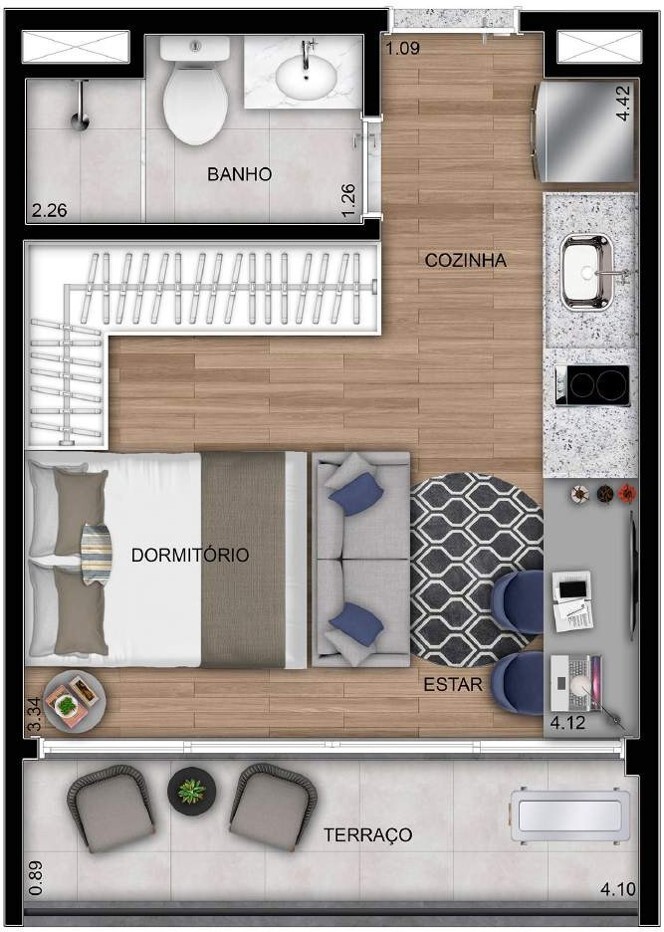 Planta 01 - 1 dorm 26m² - studio